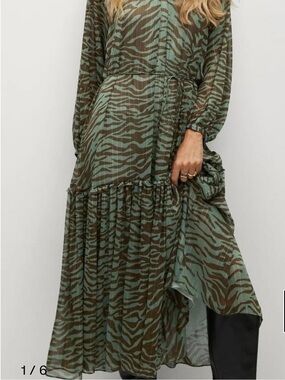 Mango L Flowy Zebra Mint and Brown Shimmer Line Dress NWT